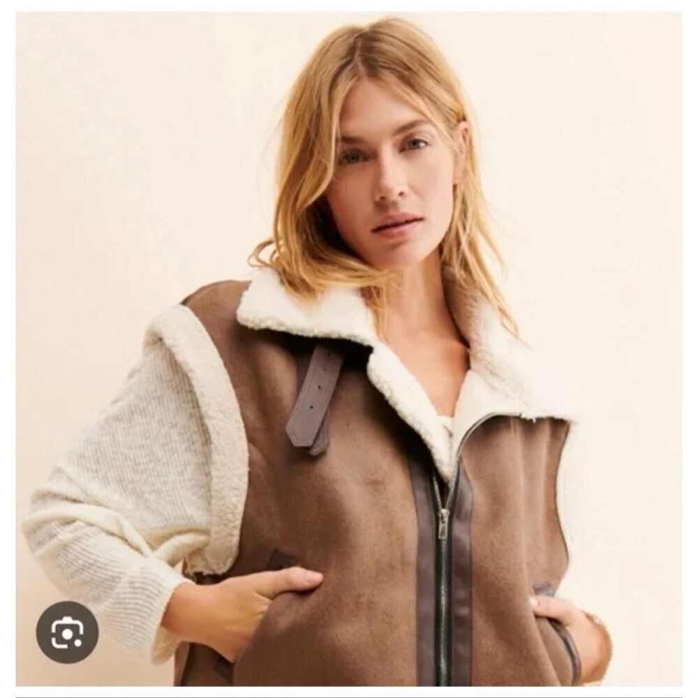 Moon River M anthropologie Ellie Faux Shearling brown Vest moto Viking - Picture 2 of 11